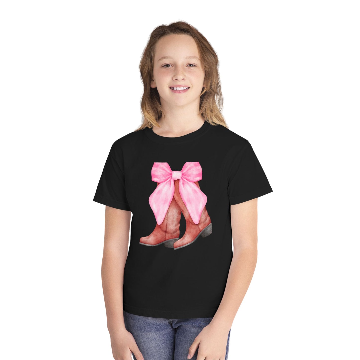 Cute Pink Bow Cowboy Boots Youth Midweight Tee