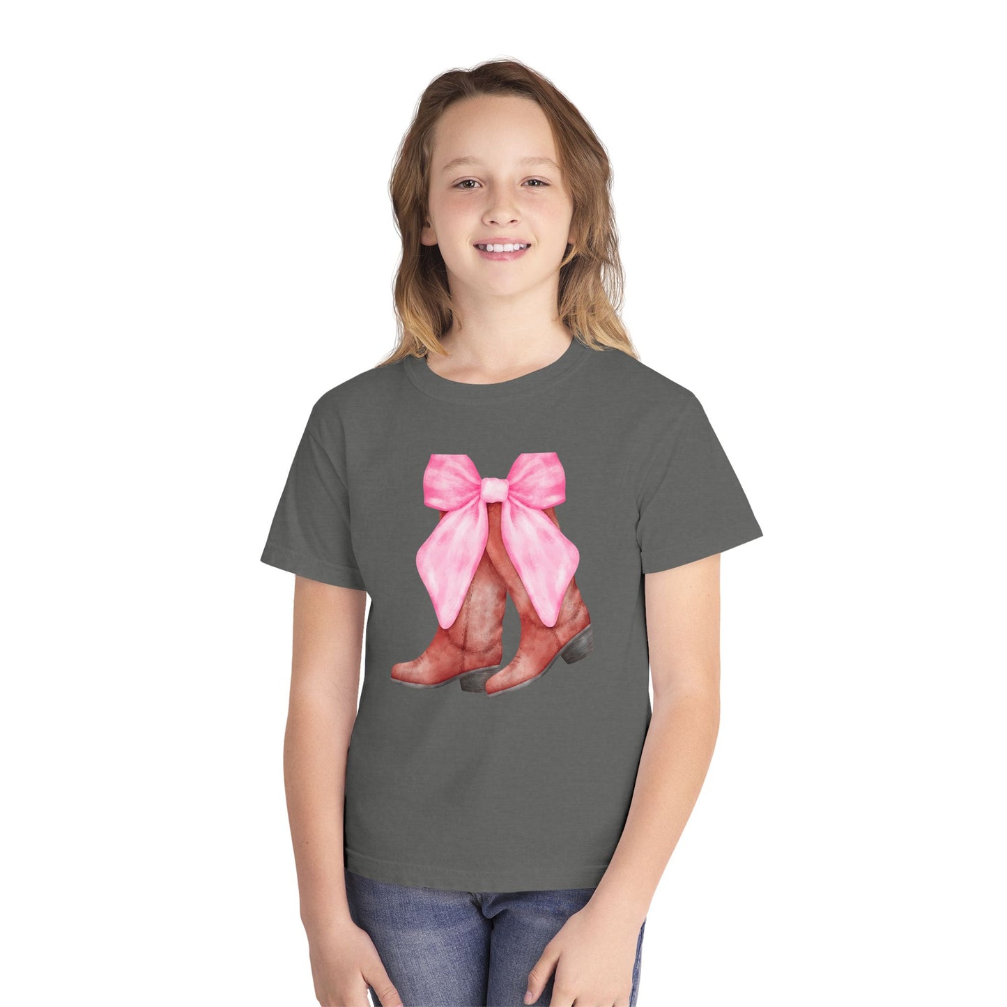 Cute Pink Bow Cowboy Boots Youth Midweight Tee