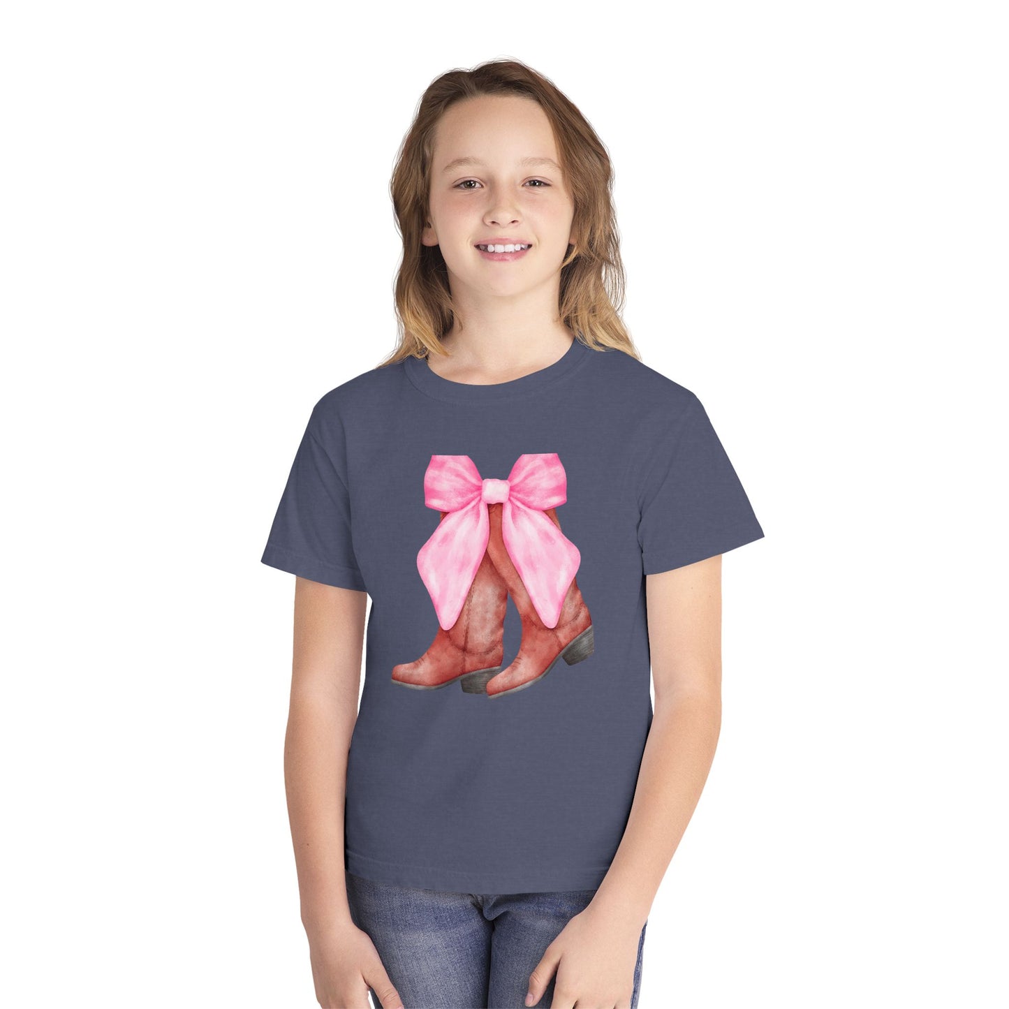 Cute Pink Bow Cowboy Boots Youth Midweight Tee