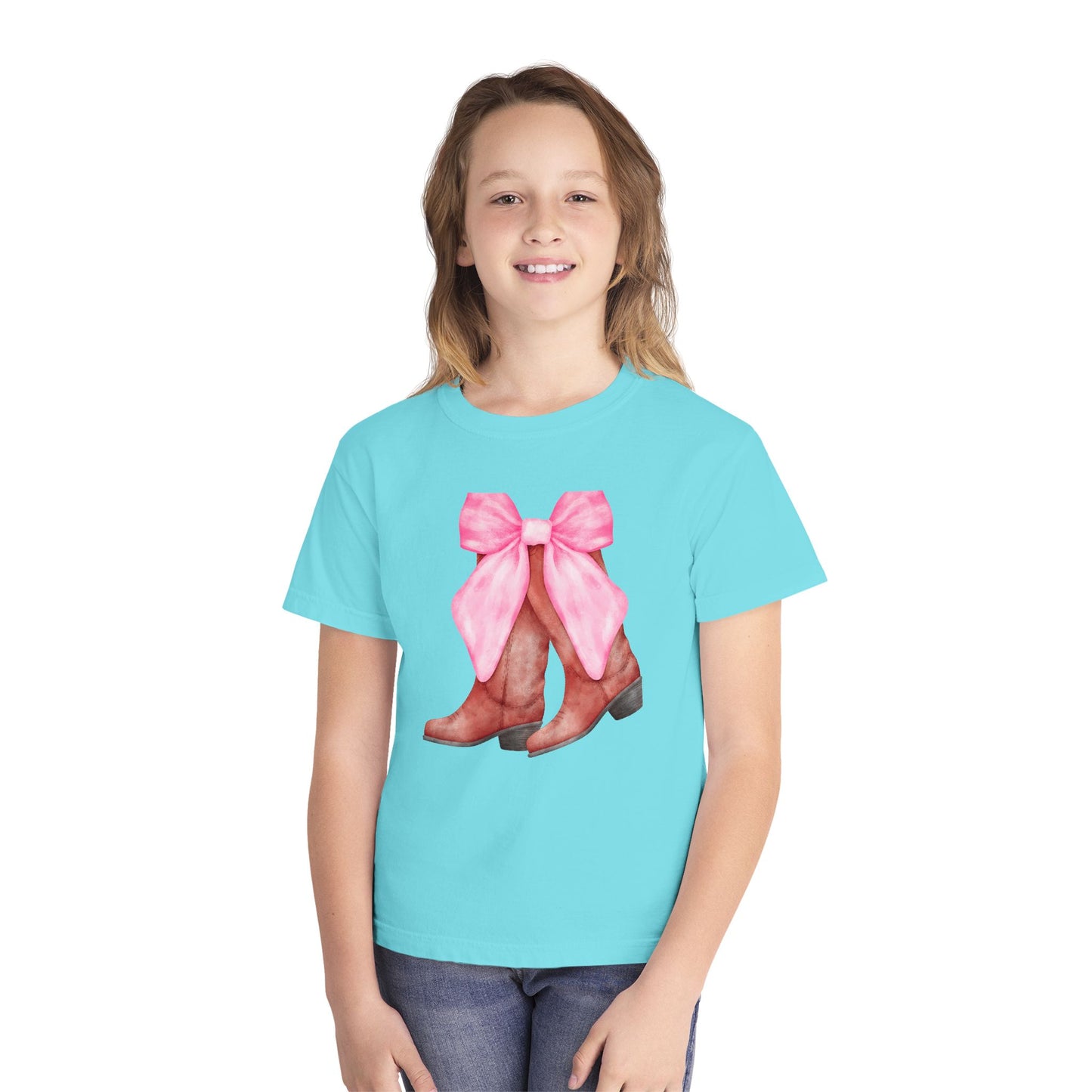 Cute Pink Bow Cowboy Boots Youth Midweight Tee