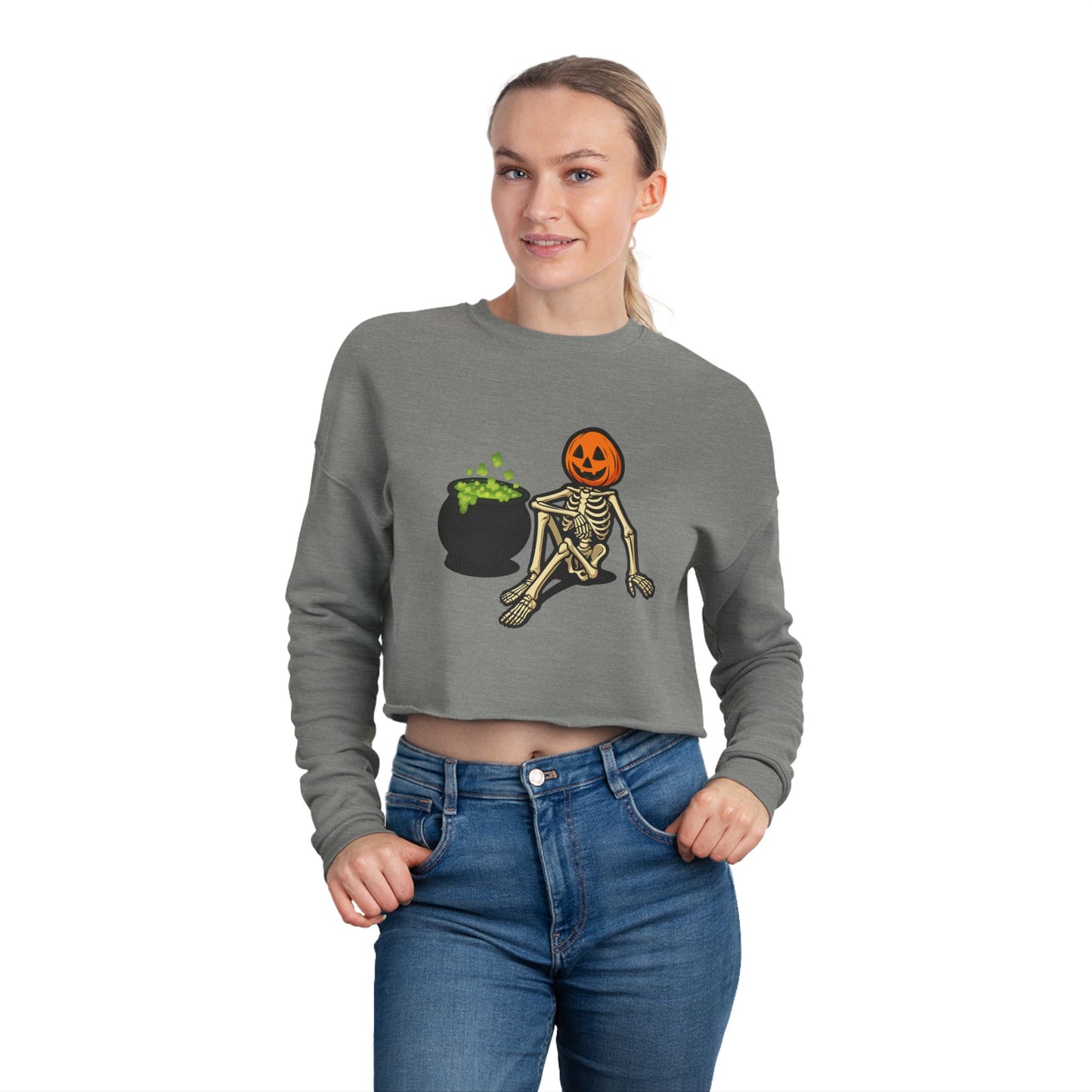 Halloween Skeleton Pumpkin Cropped Sweatshirt, Trendy Sweatshirt