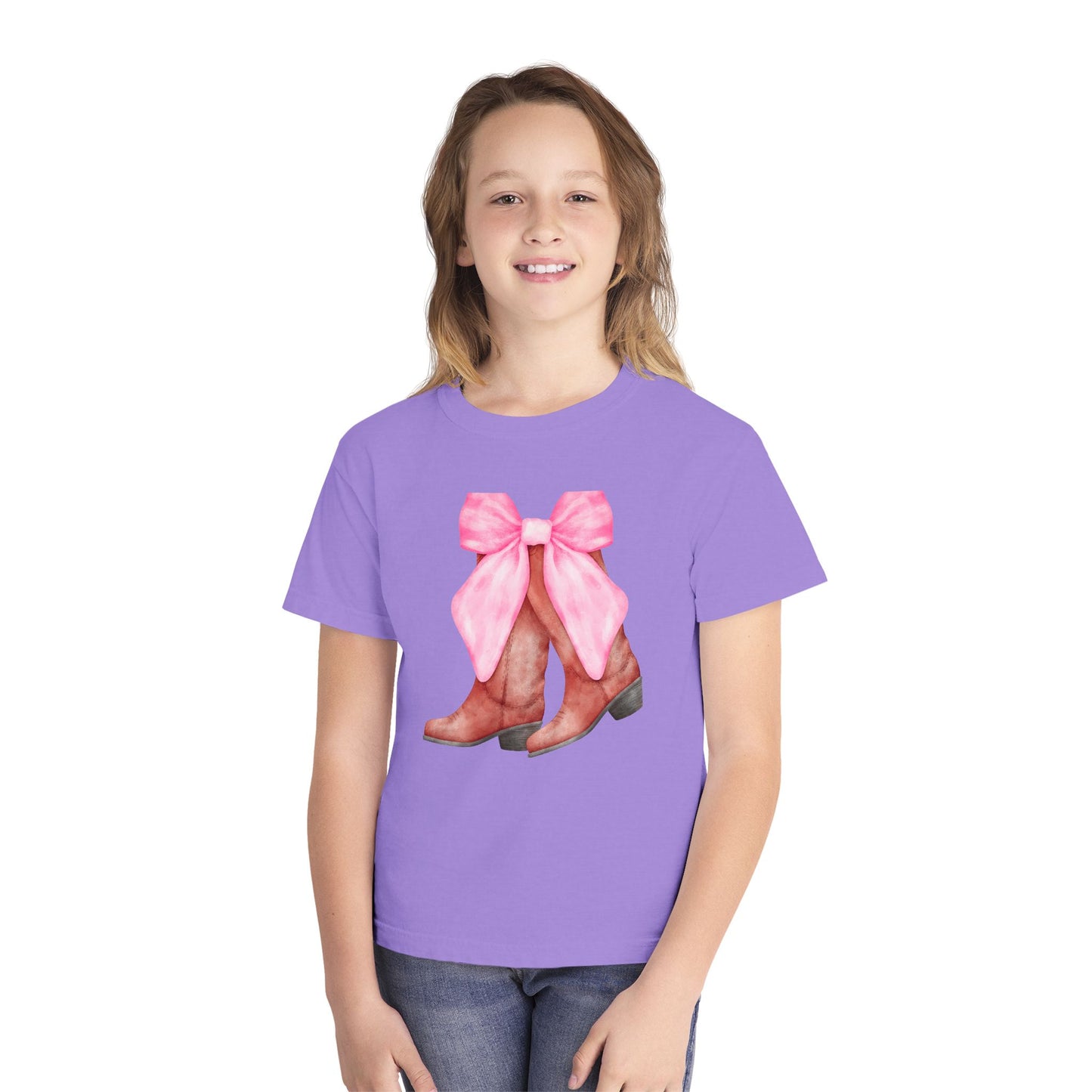 Cute Pink Bow Cowboy Boots Youth Midweight Tee