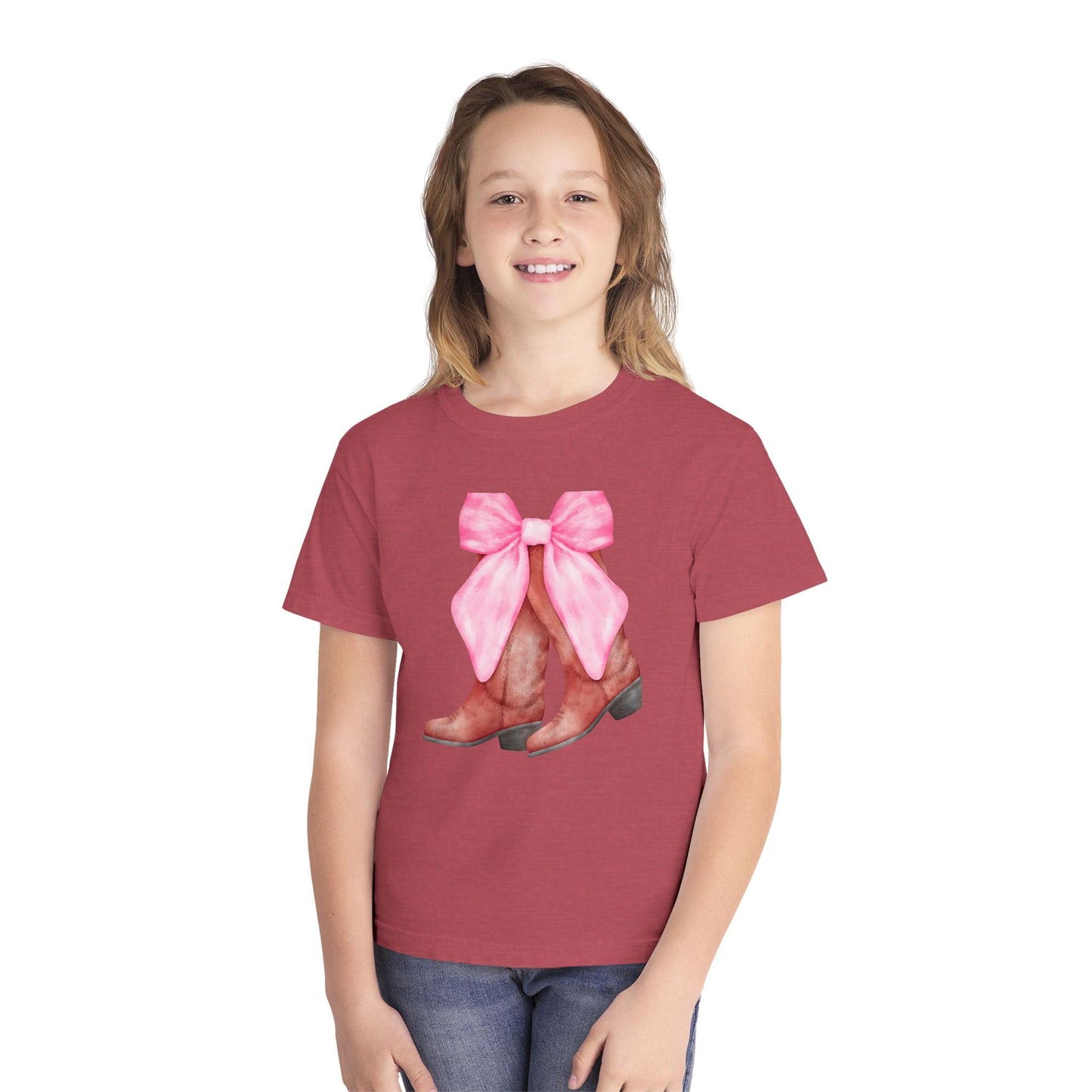 Cute Pink Bow Cowboy Boots Youth Midweight Tee