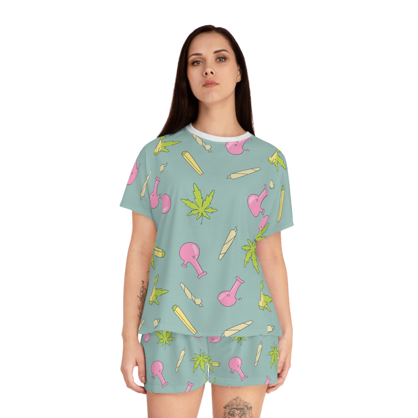Chic Cannabis Print Women's Pajama Set, Cozy Sleepwear