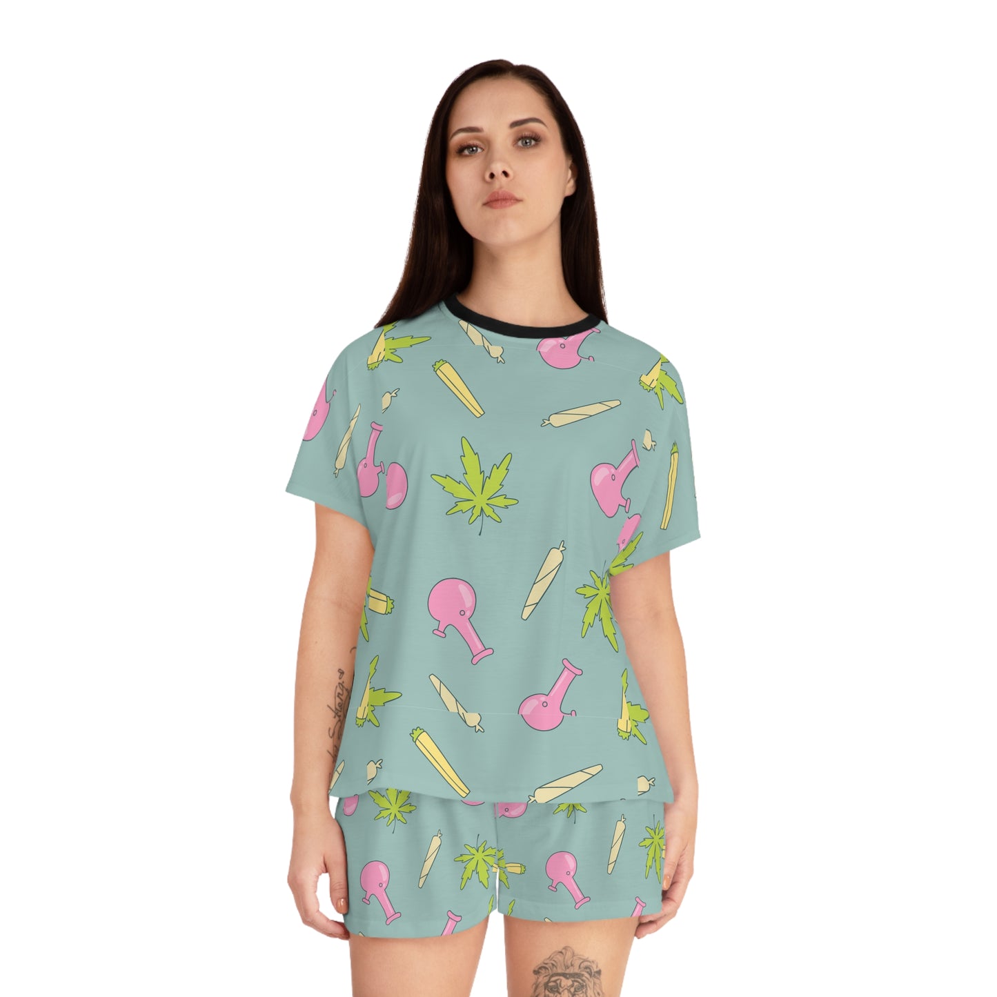 Chic Cannabis Print Women's Pajama Set, Cozy Sleepwear