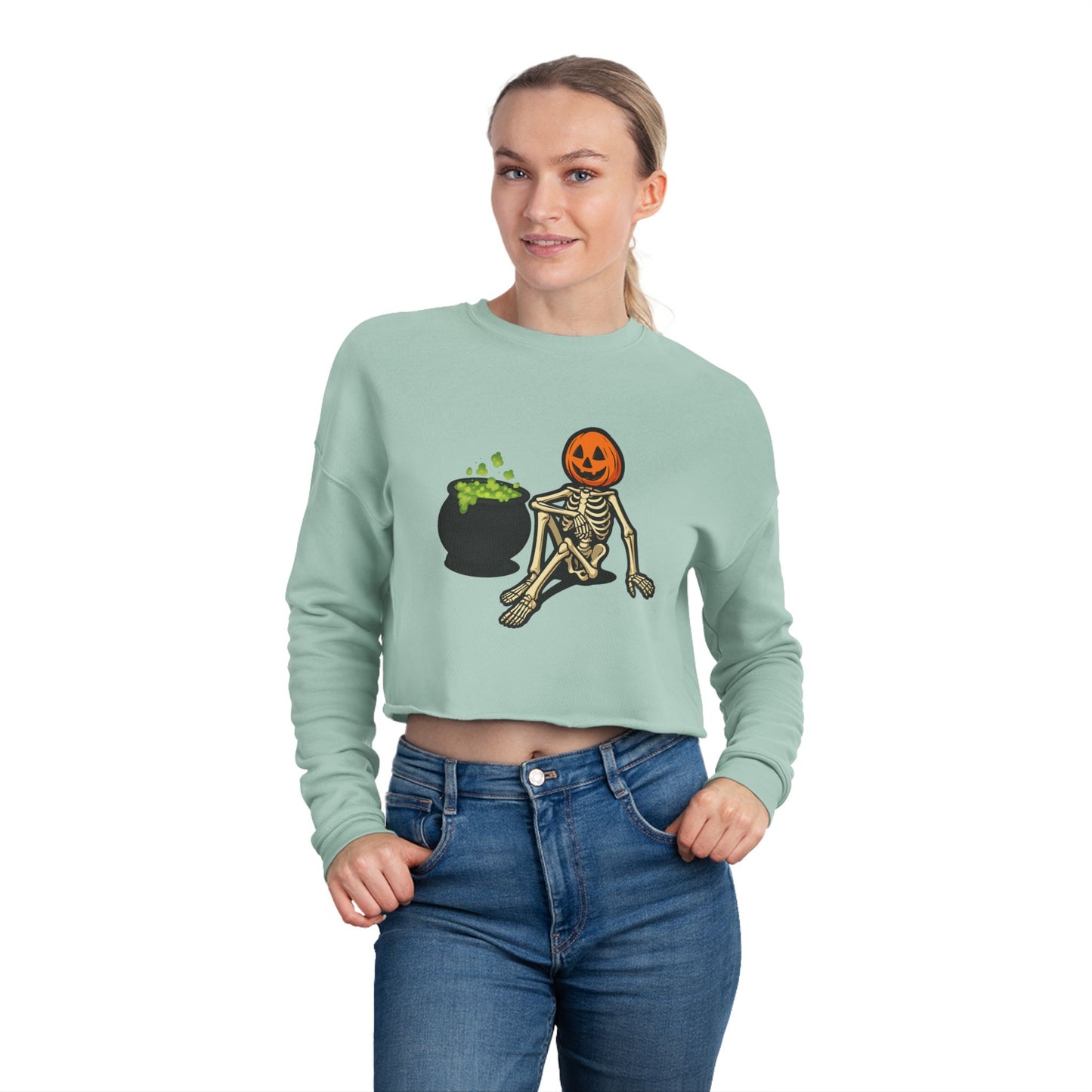 Halloween Skeleton Pumpkin Cropped Sweatshirt, Trendy Sweatshirt