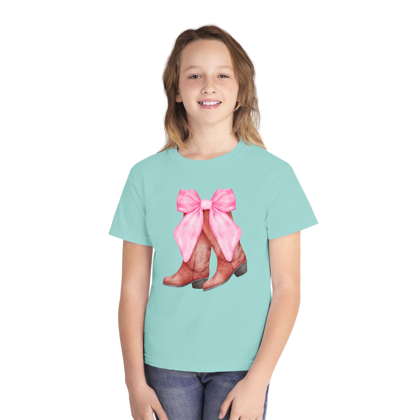 Cute Pink Bow Cowboy Boots Youth Midweight Tee