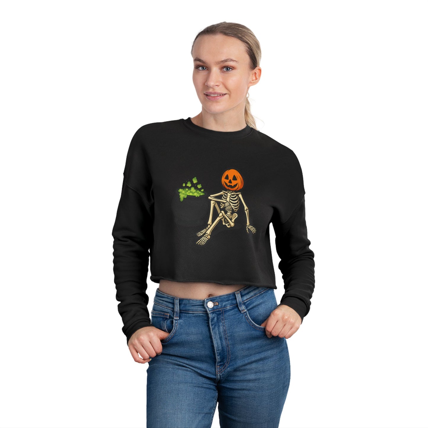 Halloween Skeleton Pumpkin Cropped Sweatshirt, Trendy Sweatshirt
