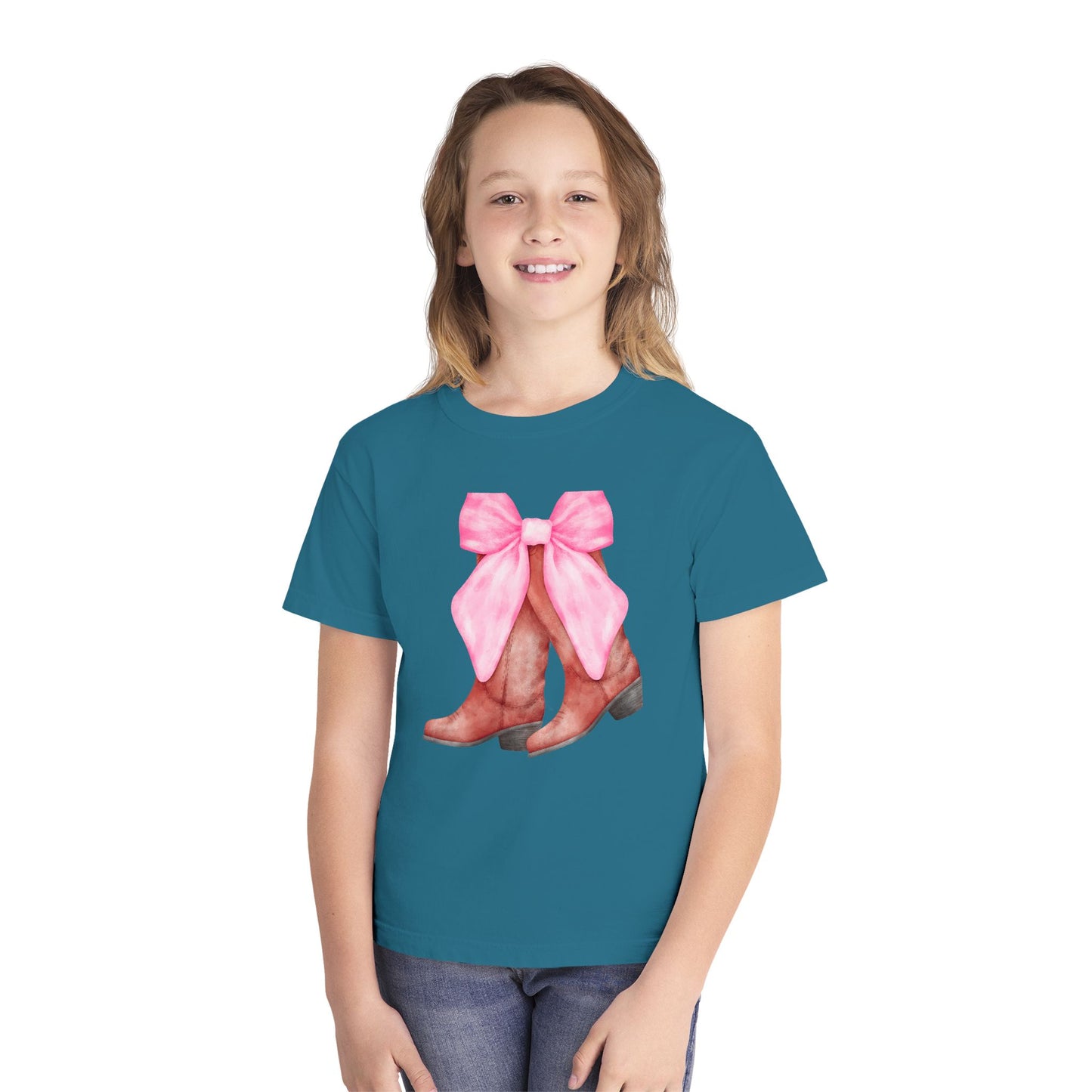 Cute Pink Bow Cowboy Boots Youth Midweight Tee