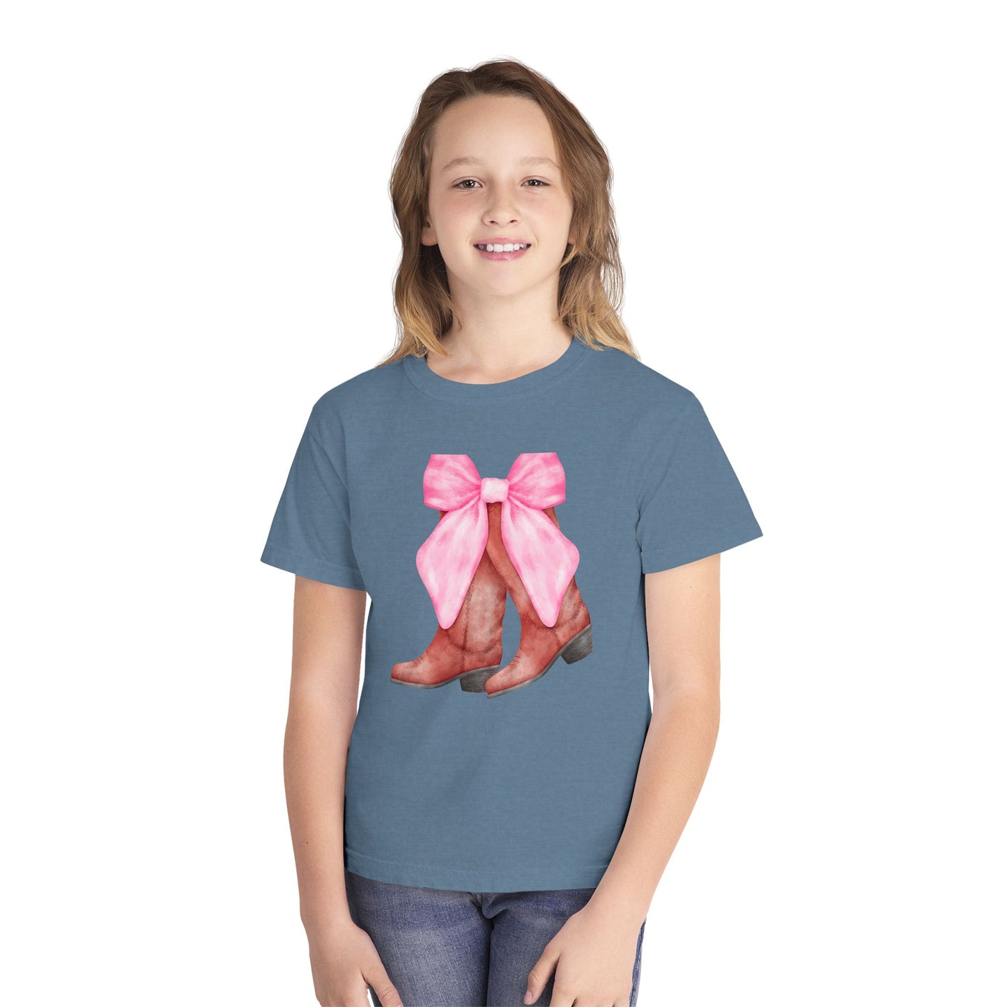 Cute Pink Bow Cowboy Boots Youth Midweight Tee