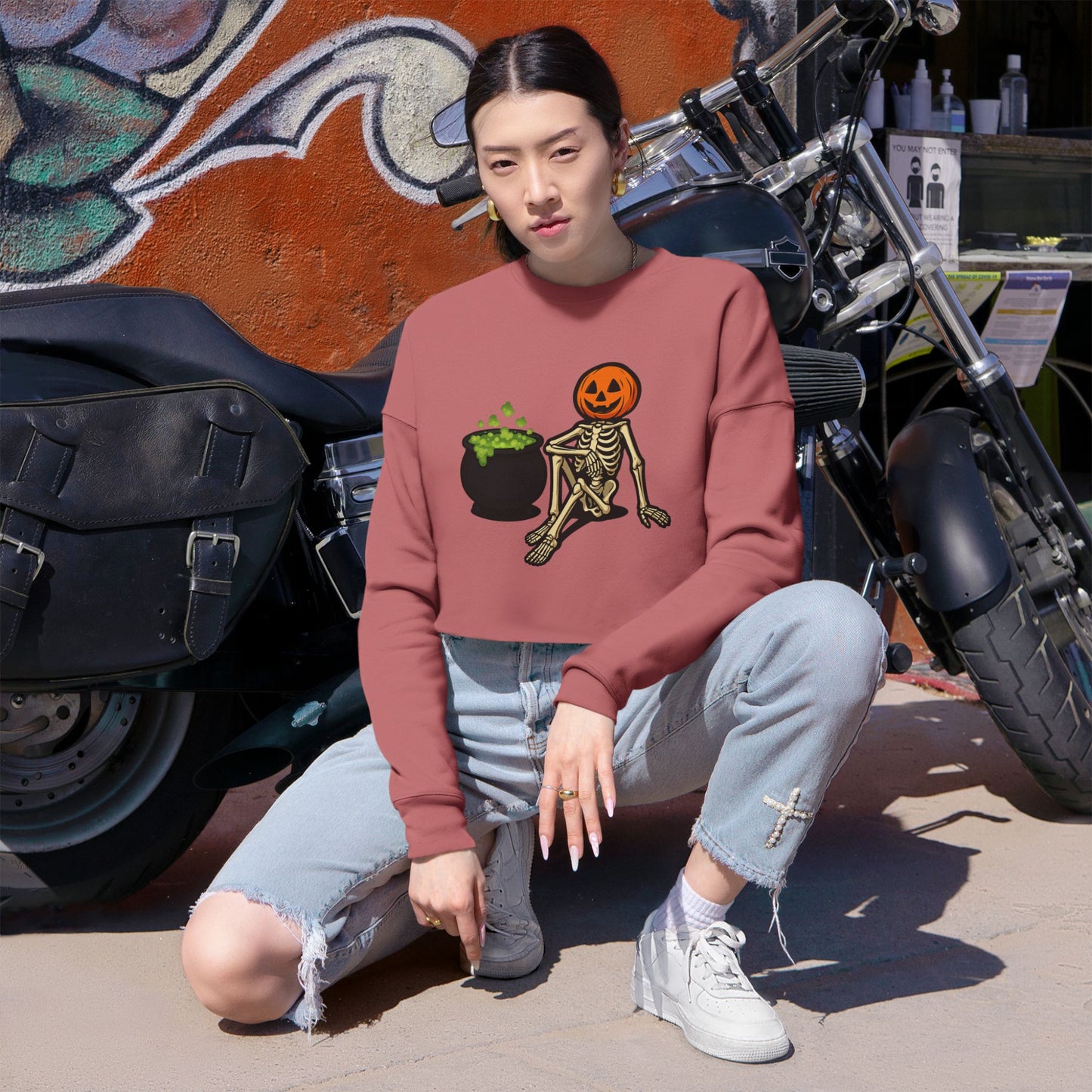 Halloween Skeleton Pumpkin Cropped Sweatshirt, Trendy Sweatshirt