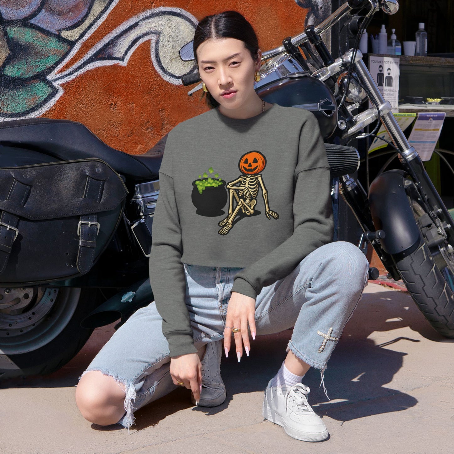 Halloween Skeleton Pumpkin Cropped Sweatshirt, Trendy Sweatshirt