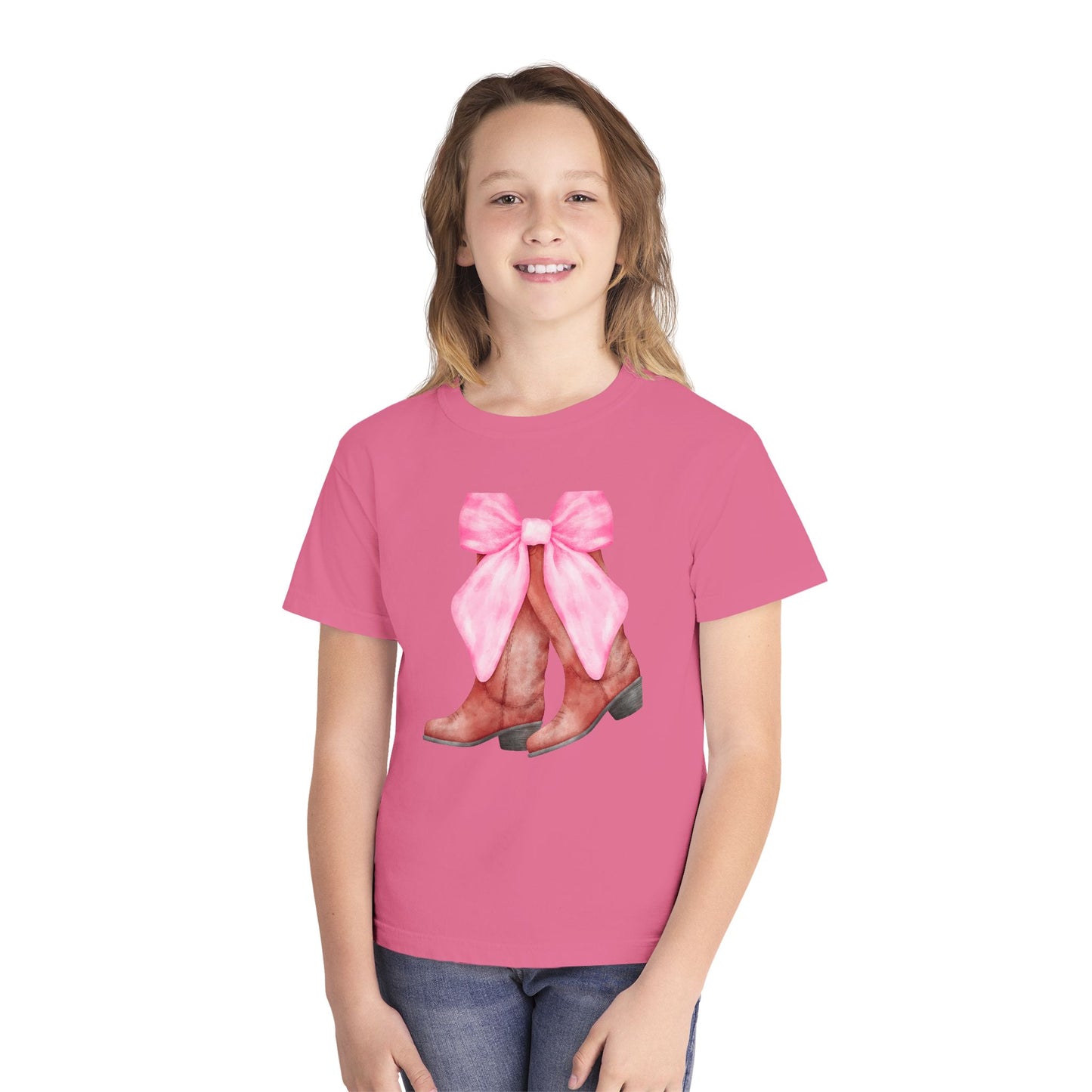 Cute Pink Bow Cowboy Boots Youth Midweight Tee