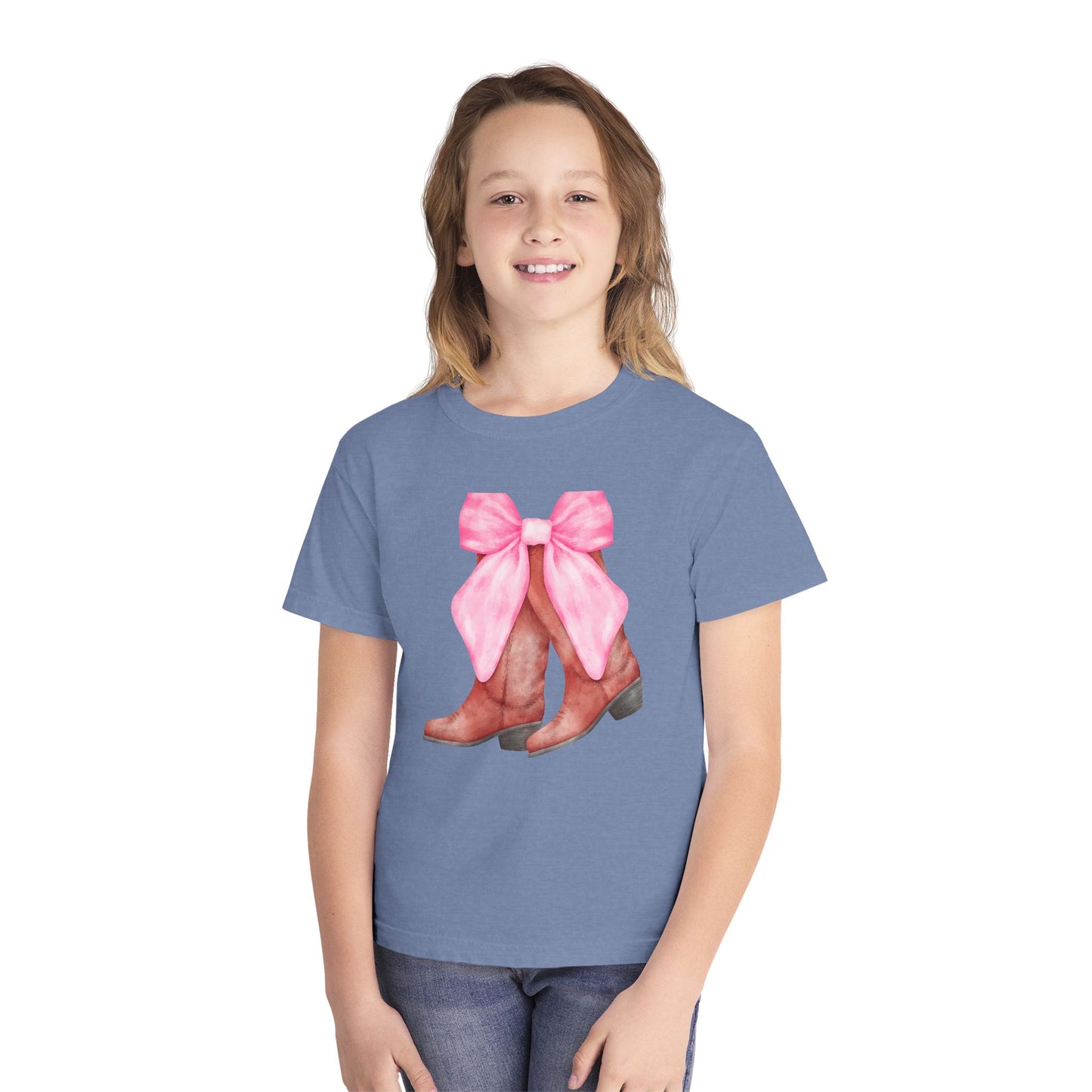 Cute Pink Bow Cowboy Boots Youth Midweight Tee