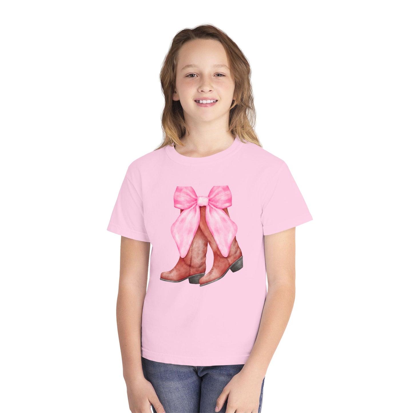 Cute Pink Bow Cowboy Boots Youth Midweight Tee