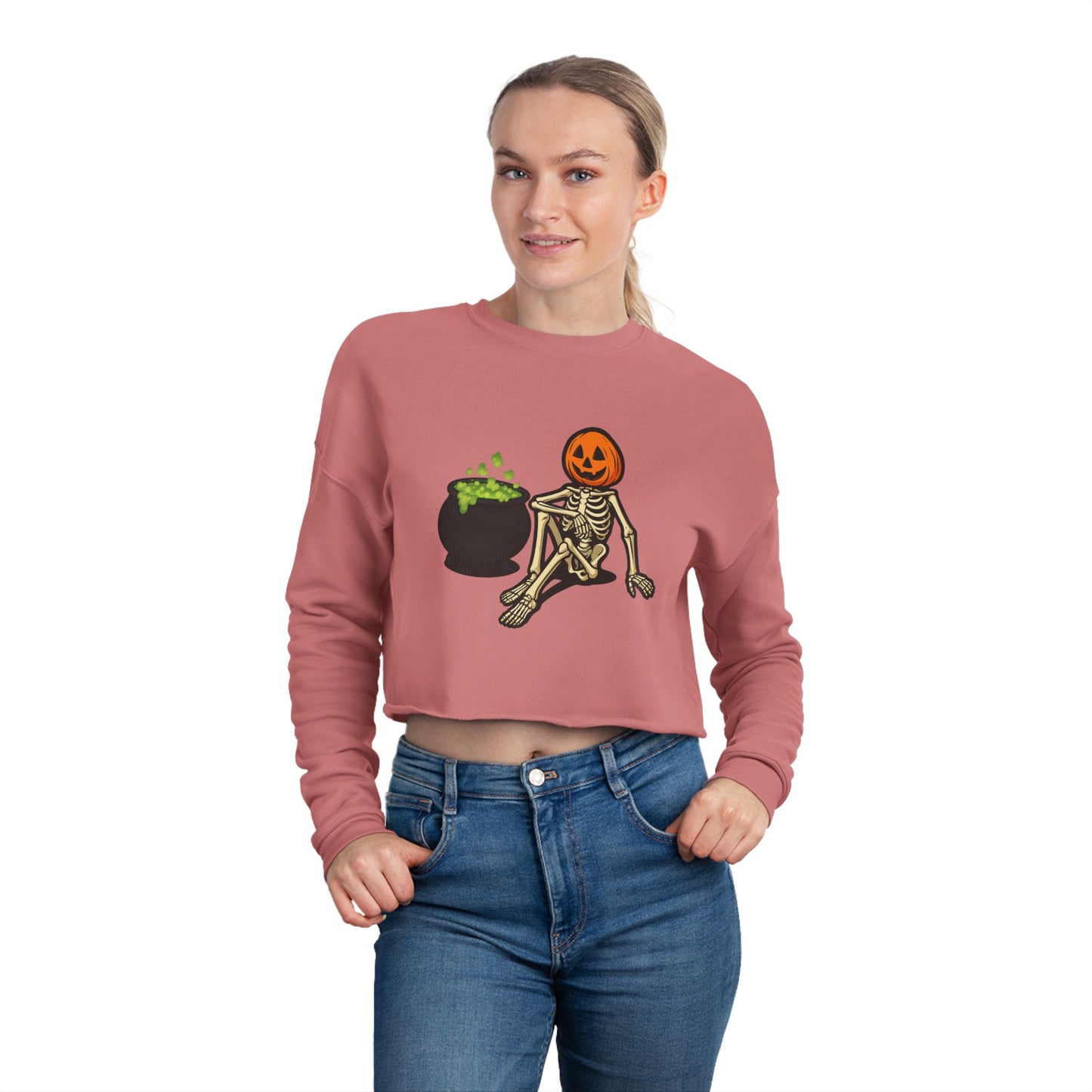 Halloween Skeleton Pumpkin Cropped Sweatshirt, Trendy Sweatshirt