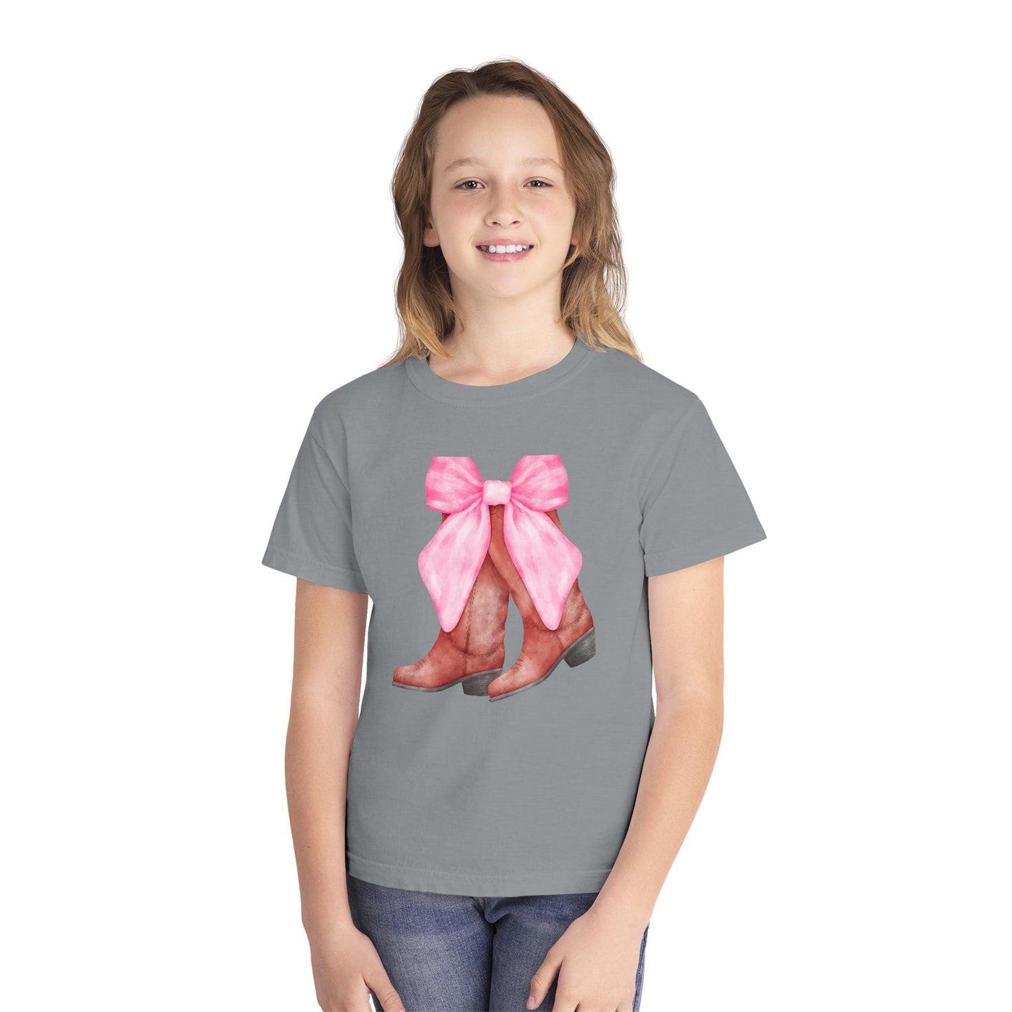 Cute Pink Bow Cowboy Boots Youth Midweight Tee