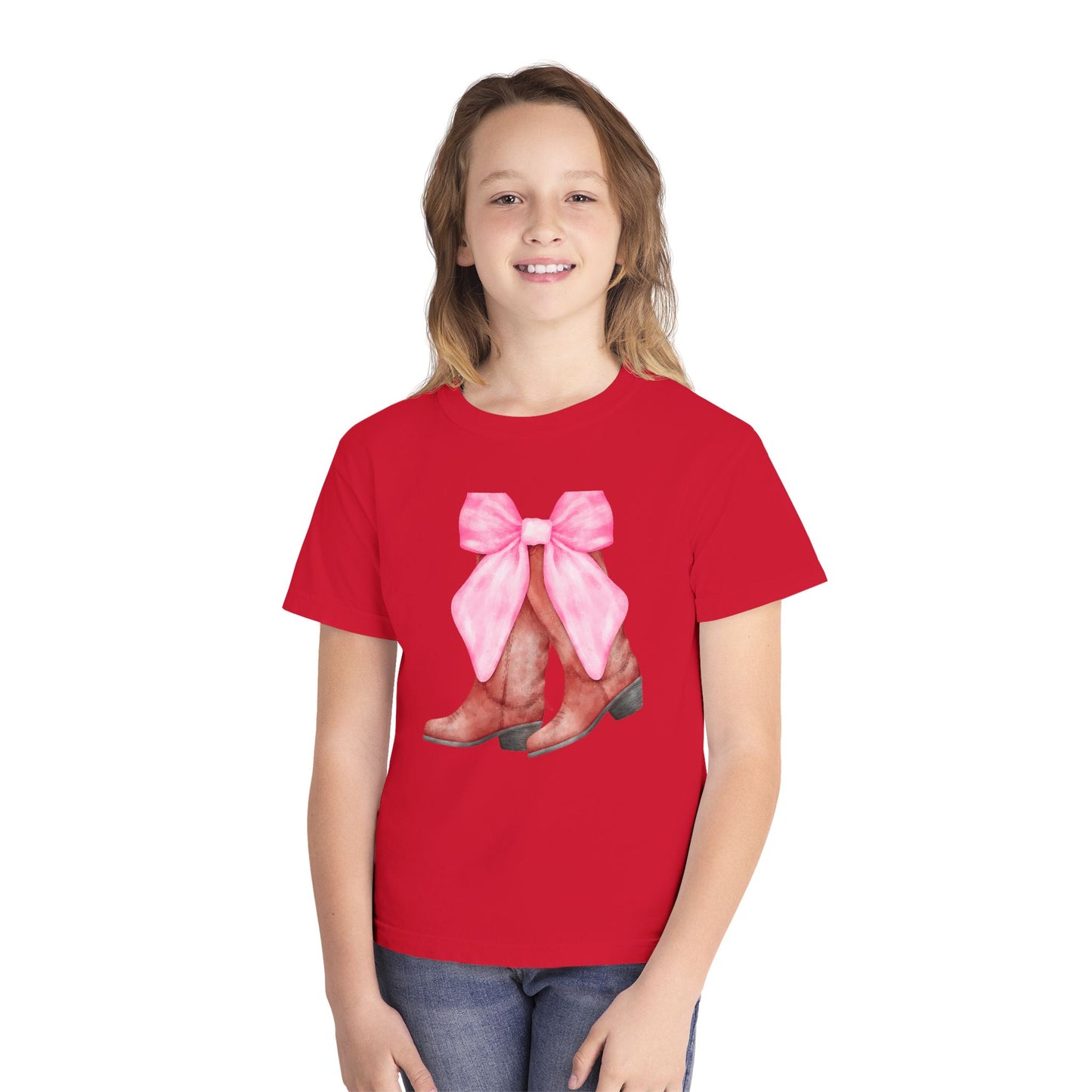 Cute Pink Bow Cowboy Boots Youth Midweight Tee