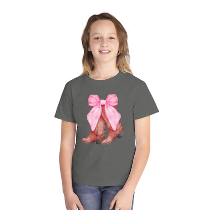 Cute Pink Bow Cowboy Boots Youth Midweight Tee
