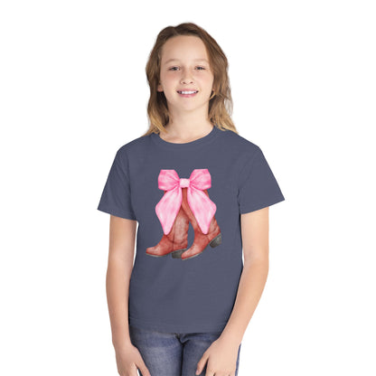 Cute Pink Bow Cowboy Boots Youth Midweight Tee