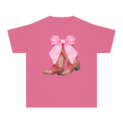Cute Pink Bow Cowboy Boots Youth Midweight Tee