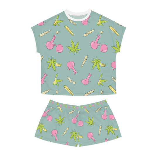 Chic Cannabis Print Women's Pajama Set, Cozy Sleepwear